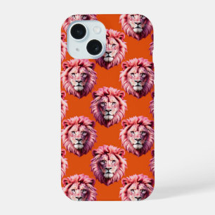 Pink Lion Head Animal Pattern Design Orange iPhone 15 Case