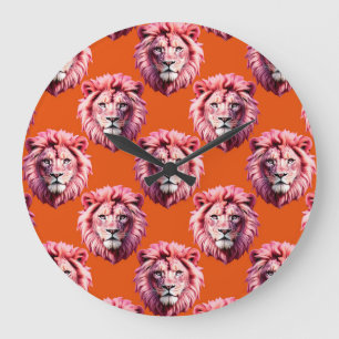Pink Lion Head Animal Pattern Design Orange Large Clock