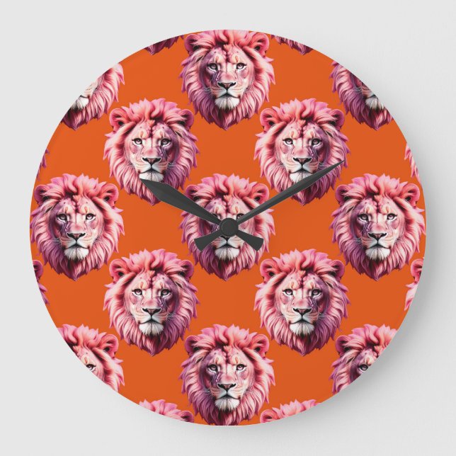 Pink Lion Head Animal Pattern Design Orange  Large Clock (Front)