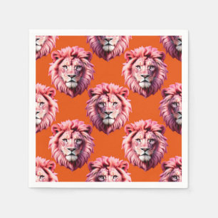 Pink Lion Head Animal Pattern Design Orange Napkin