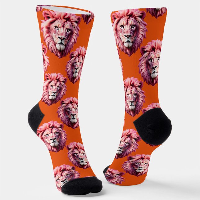 Pink Lion Head Animal Pattern Design Orange  Socks (Creator Uploaded)