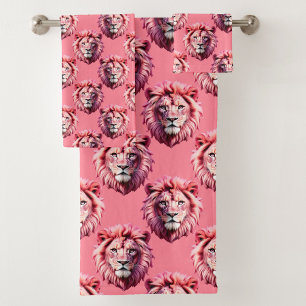 Pink Lion Head Animal Pattern Design Pink Bath Towel Set