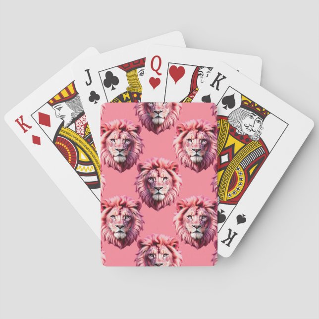 Pink Lion Head Animal Pattern Design Pink  Playing Cards (Back)