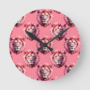 Pink Lion Head Animal Pattern Design Pink Round Clock
