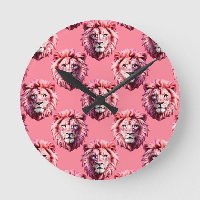 Pink Lion Head Animal Pattern Design Pink  Round Clock (Front)