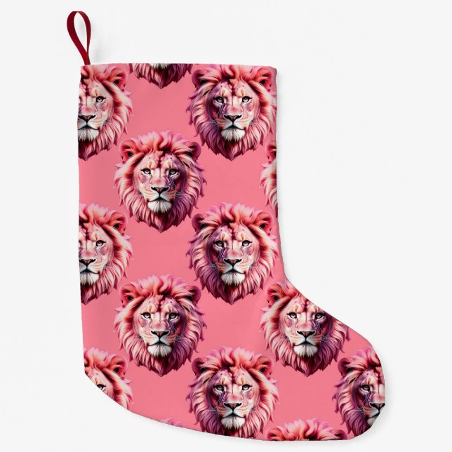 Pink Lion Head Animal Pattern Design Pink  Small Christmas Stocking (Front)