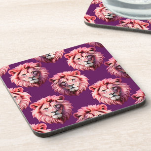 Pink Lion Head Animal Pattern Design Purple Coaster