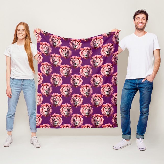Pink Lion Head Animal Pattern Design Purple  Fleece Blanket (Creator Uploaded)