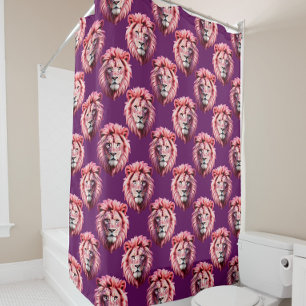 Pink Lion Head Animal Pattern Design Purple Shower Curtain