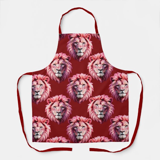 Pink Lion Head Animal Pattern Design Red  Apron (Front)