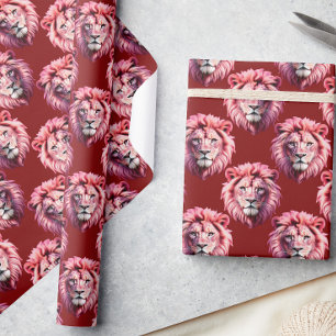 Pink Lion Head Animal Pattern Design Red Wrapping Paper