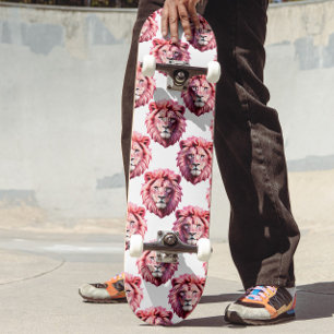 Pink Lion Head Animal Pattern Design White Skateboard