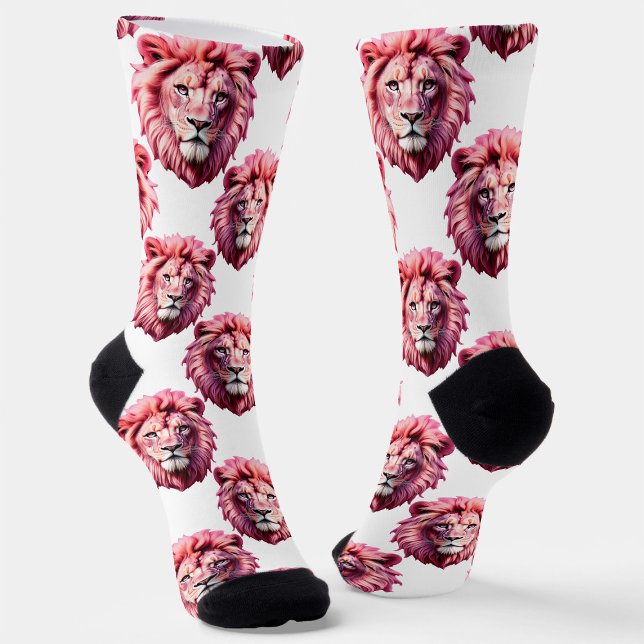 Pink Lion Head Animal Pattern Design White  Socks (Creator Uploaded)