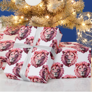 Pink Lion Head Animal Pattern Design White Wrapping Paper