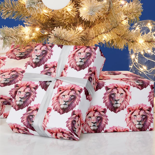 Pink Lion Head Animal Pattern Design White  Wrapping Paper (Creator Uploaded)