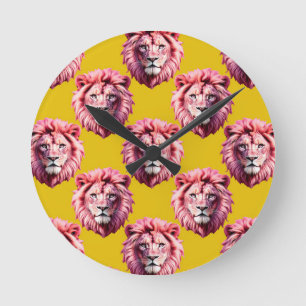 Pink Lion Head Animal Pattern Design Yellow Round Clock