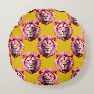Pink Lion Head Animal Pattern Design Yellow Round Cushion