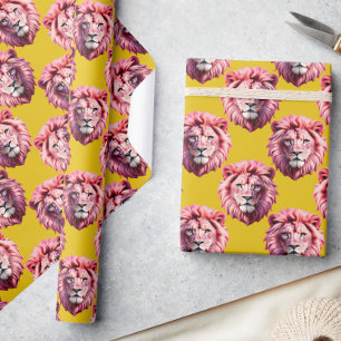 Pink Lion Head Animal Pattern Design Yellow Wrapping Paper