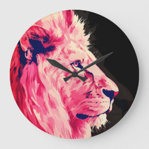 Pink Lion Majesty on Black Canvas Large Clock