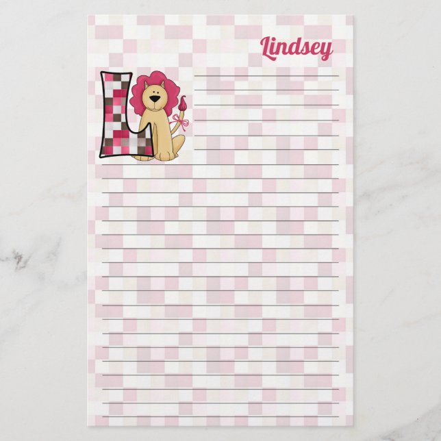 Pink Lion Mongram "L" Lined Stationery (Front)