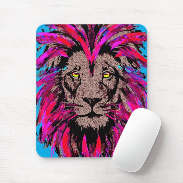 Pink Lion Mouse Pad - Lion Face Portrait Drawing (With Mouse)