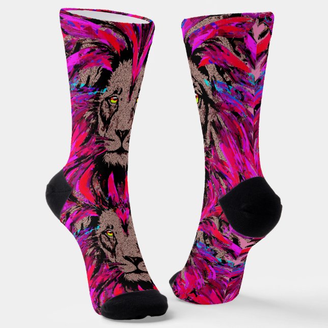 Pink Lion Socks - Lion Face Portrait - Lion Head (Angled)