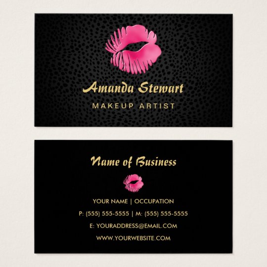 Pink Lip Gloss Kiss Black Cheetah Makeup Artist Business Card