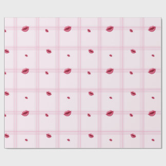 Pink Lip Prints on Plaid. Valentine's Day Wrapping Paper