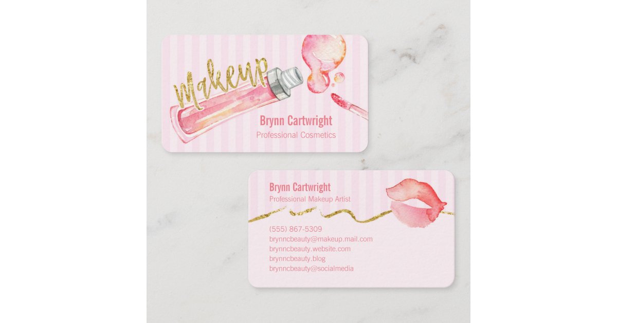 Pink Lipgloss and Stripes Makeup Business Card Zazzle