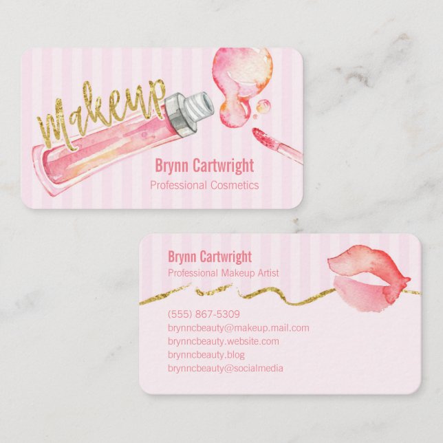 Pink Lipgloss and Stripes Makeup Business Card (Front/Back)