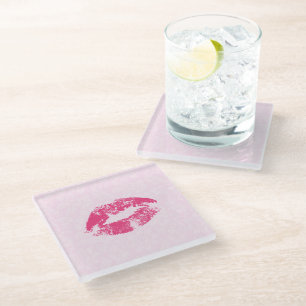 Pink Lips And Damask Glass Coaster