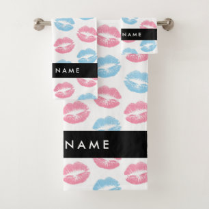 Pink Lips, Blue Lips, Kiss, Your Name, Personalise Bath Towel Set