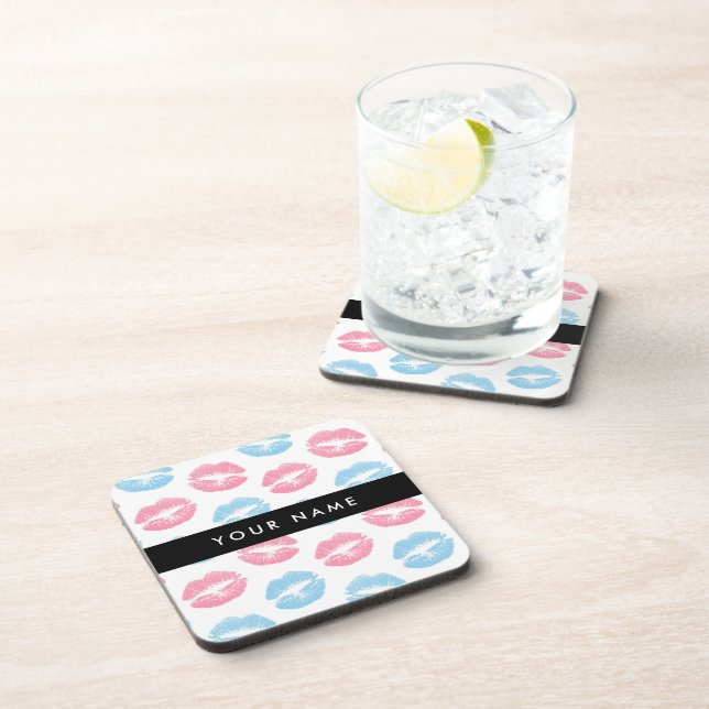 Pink Lips, Blue Lips, Kiss, Your Name, Personalise Coaster (Right Side)