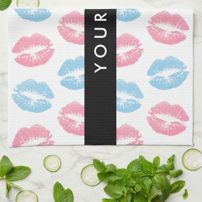 Pink Lips, Blue Lips, Kiss, Your Name, Personalise Tea Towel (Folded)