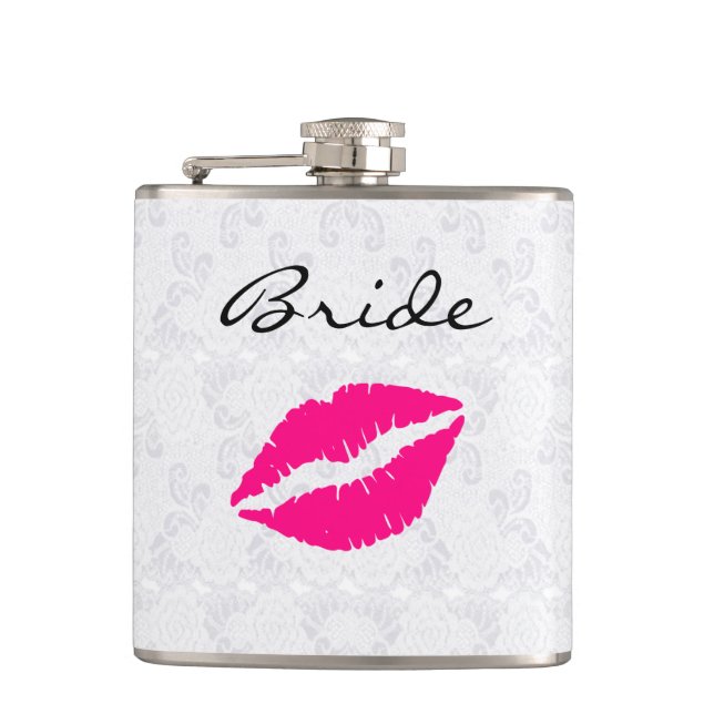 Pink Lips Bride's Drinking Flask (Front)