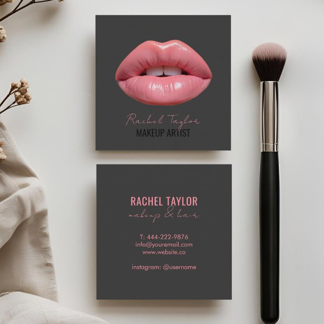 Pink Lips | Charcoal Makeup Square Business Card (Creator Uploaded)