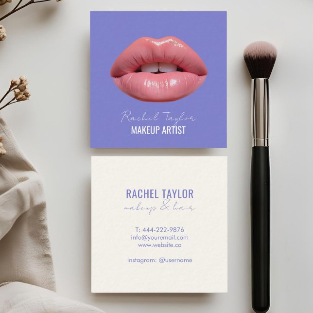 Pink Lips | Cool Blue Makeup Square  Business Card (Creator Uploaded)