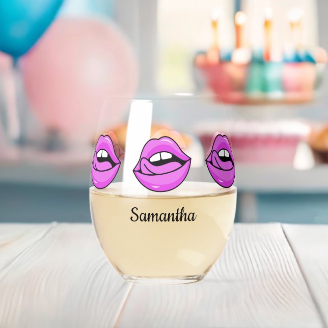 Pink Lips custom name Stemless Wine Glass (Insitu (Baby Shower))