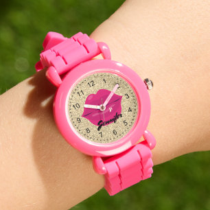 pink lips gold glitters personalised girl watch