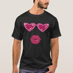 Pink Lips Heart Shaped Glasses Love Kiss Romantic T-Shirt