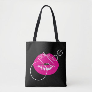 Pink Lips Kiss Black Name Customise Tote Bag