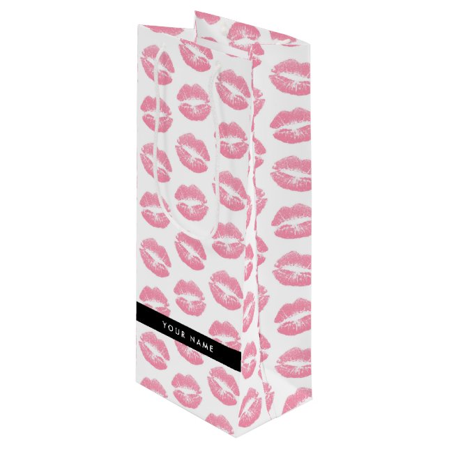 Pink Lips, Kiss, Lipstick, Your Name, Personalise Wine Gift Bag (Front Angled)