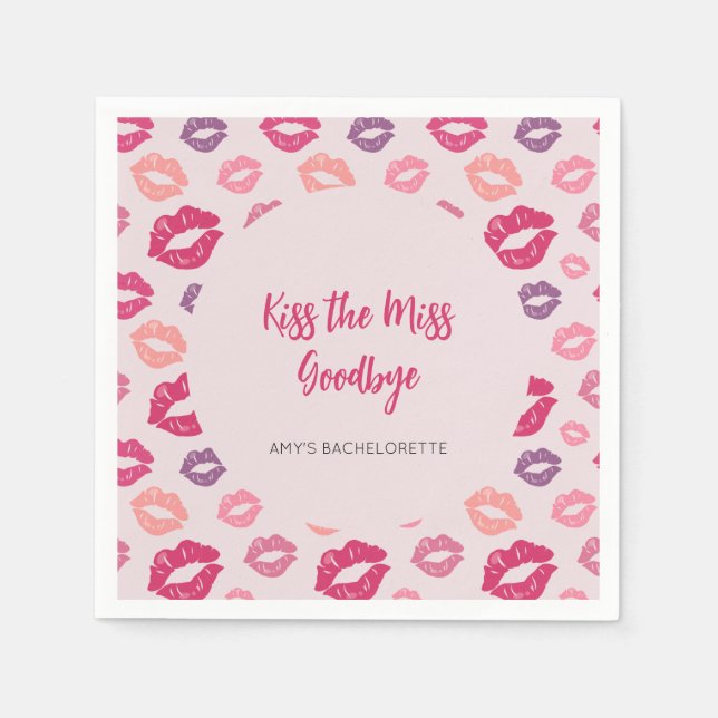 Pink Lips Kiss the Miss Bachelorette Party Napkins (Front)