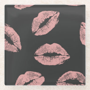 Pink lips kisses, Valentine's day pattern. Glass Coaster