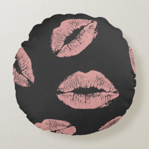 Pink lips kisses, Valentine's day pattern. Round Cushion