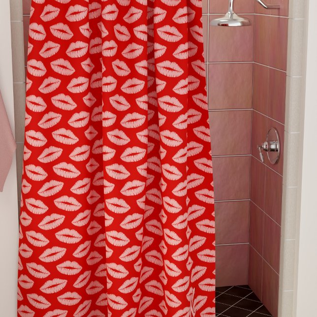 Pink Lips Lipstick Kiss Pattern Red Shower Curtain (Nothing nicer than kisses in the shower. Just add your initial!)