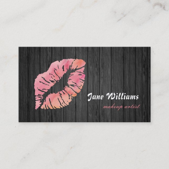 Pink Lips Makeup Artist Wooden Background Business Card (Front)