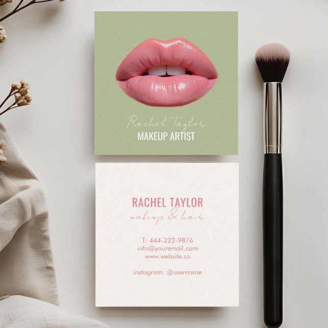 Pink Lips | Mint Makeup Square Business Card (Creator Uploaded)