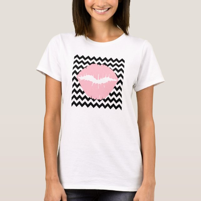 Pink Lips on Black and White Zigzag T-Shirt (Front)