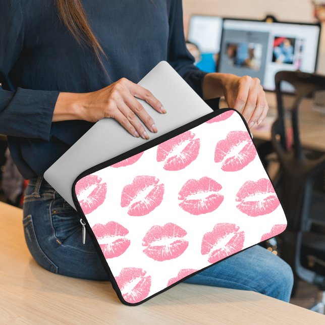 Pink Lips, Pattern Of Lips, Pink Lipstick, Kiss Laptop Sleeve (Creator Uploaded)